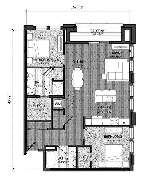 Floor plan for 2 beds, 2 baths, 1110 sqft